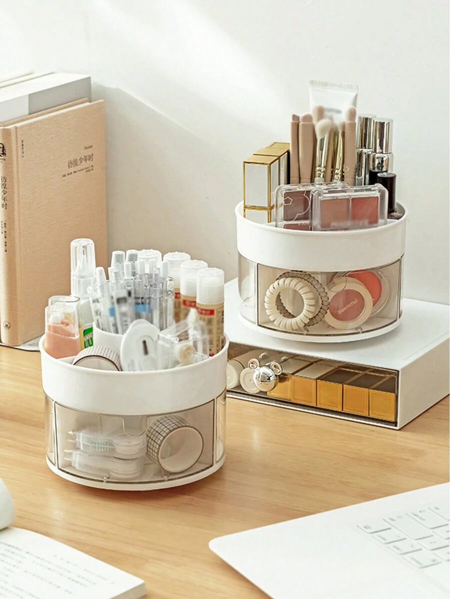 Desktop Storage Box Rotating Grid Stationery Storage Box Thickened Cosmetics Plastic Storage Box 360-Degree Rotation Dust-Proof Transparent Large Capacity Multi-Purpose - White - View 1