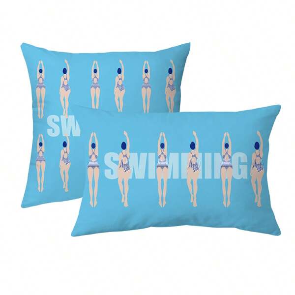 1pc Light Blue Short Plush Printed Pillowcase, Swimming Blue Background Printed Pillowcase, Home Room Decor, Office Decor, Living Room Sofa Decoration (Pillow Core Not Included)