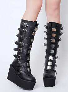 Women's Goth Platform Knee High Boots Fashion Metal Buckle Wedges High Heels Round Toe Zip Punk Combat Boots - 黑色 - 查看 6