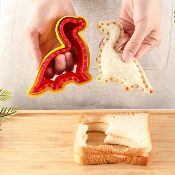 2 piezas Cortador y sellador de sándwiches con forma de dinosaurio de acero inoxidable, molde de pan y galleta con diseño de dibujos animados, ideal para el desayuno