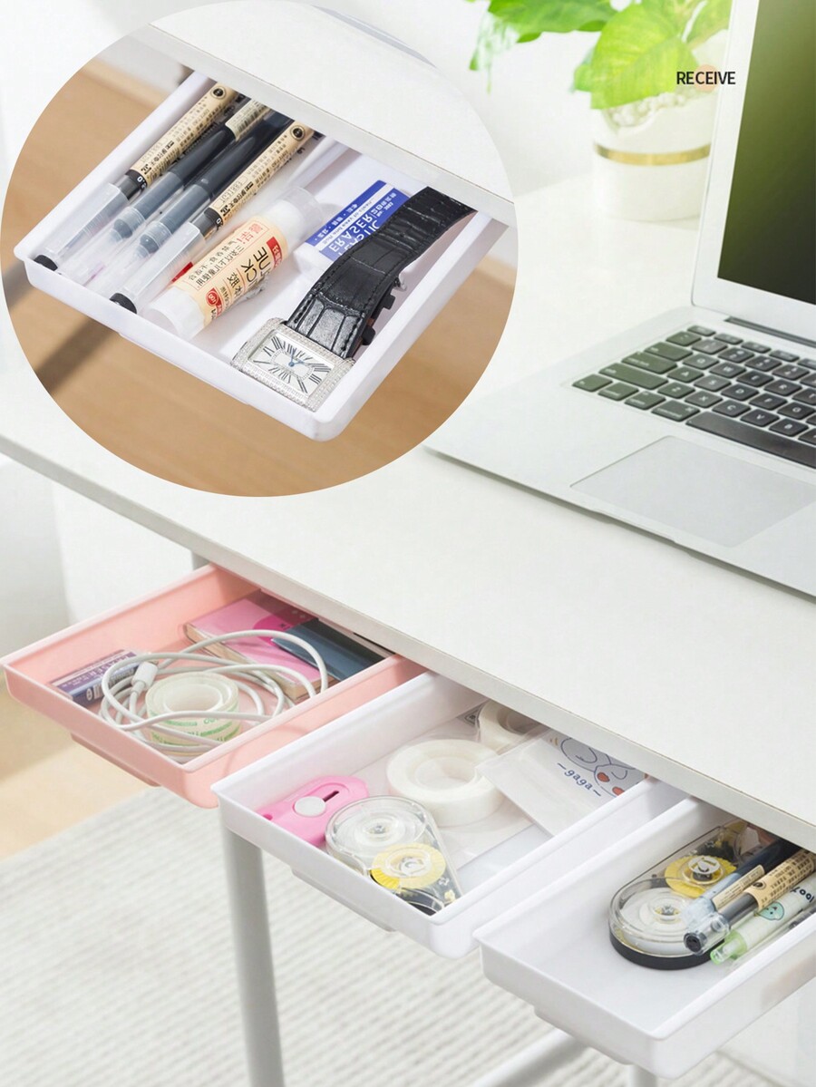 1pc Hidden No Drill Desk Drawer Under Desk Storage Box With Large