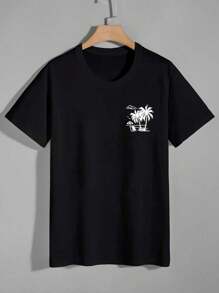 MURAMASA Camiseta de verano para hombre de cuello redondo y manga corta con estampado de plantas - Negro - Ver 2