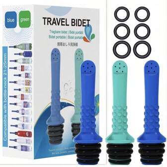 Set de 3 rociadores bidé de higiene personal mini, aditamento portátil de botella de mano, 2 colores azul y verde, solución de cuidado personal suave, fácil de usar e higiénica, adecuada para el inodoro o viajes, se ajusta a todas las botellas, diseño compacto, fácil de transportar