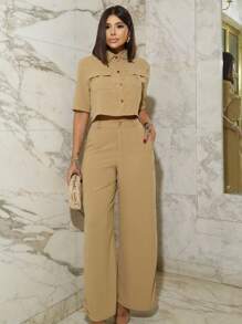 CONJUNTO FEMININO CALÇA SOCIAL E CAMISA COM BOTÃO CLASSIC CASUAL PREMIUM