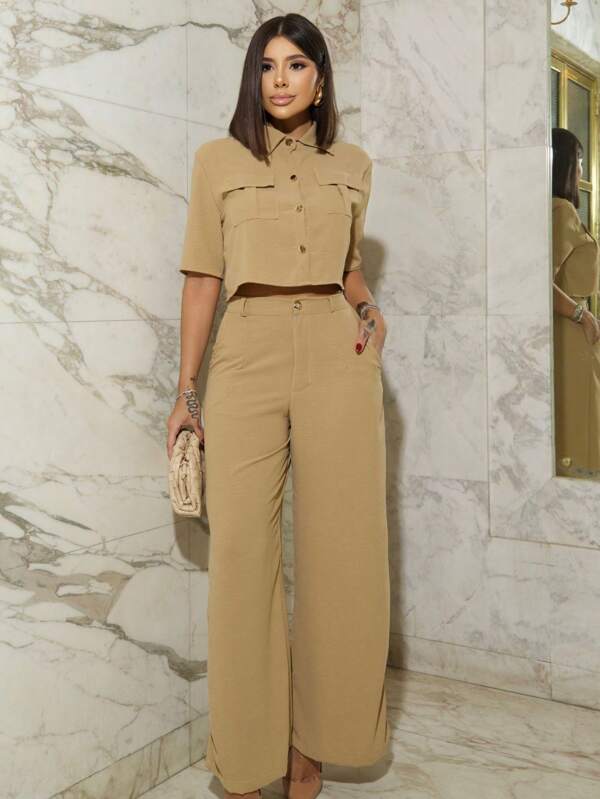 CONJUNTO FEMININO CALÇA SOCIAL E CAMISA COM BOTÃO CLASSIC CASUAL PREMIUM