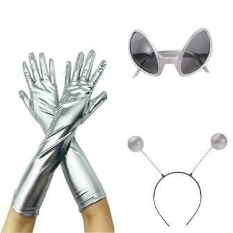 1set Festival Alien Decoration Set, Including Coated Leather Gloves, Glasses, And Headband Halloween