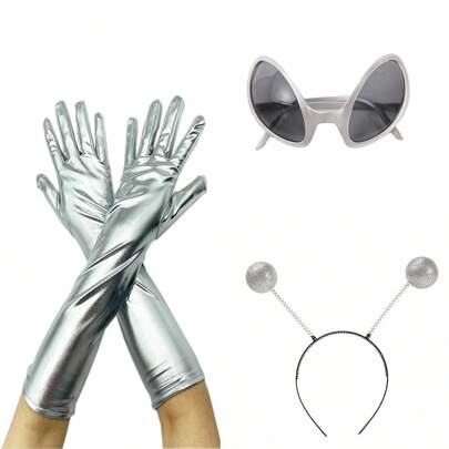 1 Set Alien Dekorations Set für Feste, inklusive beschichtete Lederhandschuhe, Brille und Haarband für Halloween