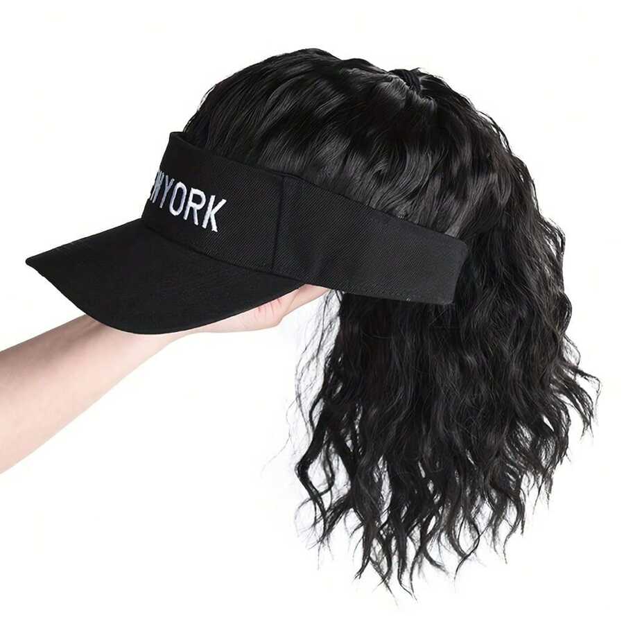 Ponytail Baseball Cap Wig With Adjustable Black Synthetic Hair For Women