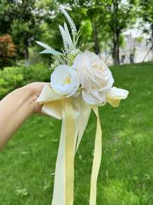 1入婚車後視鏡門把手裝飾花，蝴蝶結和繡帶桉葉玫瑰車上花，婚禮通道椅子裝飾花，草地婚禮場景座位和靠背花，婚車裝飾仿真玫瑰賽車隊裝飾花 - 彩色 - 查看 6