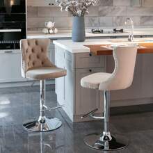 2/4/6 Piece Set Adjustable Swivel Bar Stools, Dining Bar Chairs With Velvet Tufted Back, Metal Base, Footrest For Home Bar, Dining Room, Kitchen Island. - Khaki-silver - View 4