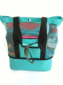 假期、休閒、極簡風格的雙層沙灘袋，輕巧便攜，多口袋，功能多樣的旅行袋，適用於節日/假期/假日，全配隔熱層的戶外包，適用於女孩、少女、男孩、少年、女士、男士，提升您的風格 - 藍色 - 查看 10