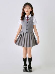 Conjunto de uniforme escolar de 3 piezas para niña joven con chaleco, camisa de manga corta y falda con corbata, estilo de verano - Gris - Ver 1
