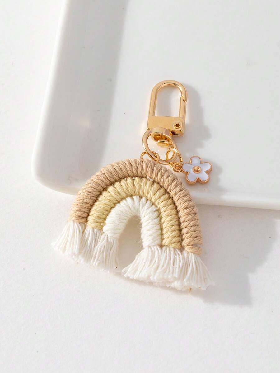 1 件可爱迷你彩虹花手提包吊坠包配件毛绒钥匙扣钩针毛绒玩具 - 杏色 - 查看 1