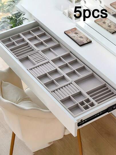 1/5pcs Grey Velvet Jewelry Display Tray, Stackable Jewelry Storage Tray, Jewelry Organizer Tray, Drawer Jewelry Showcase,For Earrings, Necklaces, Bracelets, Rings, Multiple Sizes
