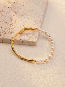 1pc Elegant Vintage Style Stainless Steel Bead Decor Bracelet, Suitable For Women To Wear At Banquets, Weddings Or As Valentine's Day Gift,Mom,Mother,Mother's Day,Gift
