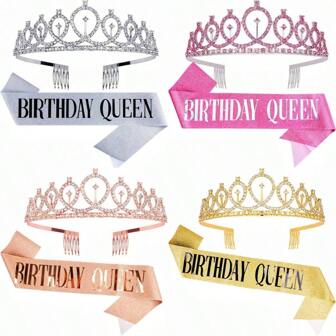 2 件/套生日女王绶带丝带和女士头饰，包括生日皇冠、绶带丝带蜡烛和蛋糕装饰，生日礼物，适合任何年龄段的生日快乐派对礼品用品、圣诞节