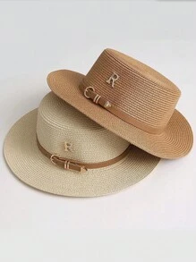 1pc Women's Metal R Letter Buckle Straw Hat, Casual Summer Sun Hat For Beach Vacation - Straw Hat - View 9