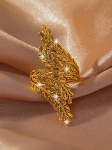 1pc Fashionable Versatile Copper Plated Open Leaf Design Ring, Women Daily Wear Jewelry Gift For Wedding - Yellow Gold - View 2