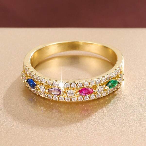 1 pieza Anillo elegante de mujer con forma de ojo de caballo, incrustado con circonita cúbica