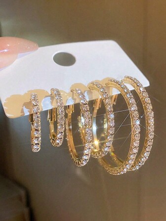 6入組簡約金色耳環套裝，鑲嵌水晶鑽石，適合女性日常佩戴，度假和約會禮物