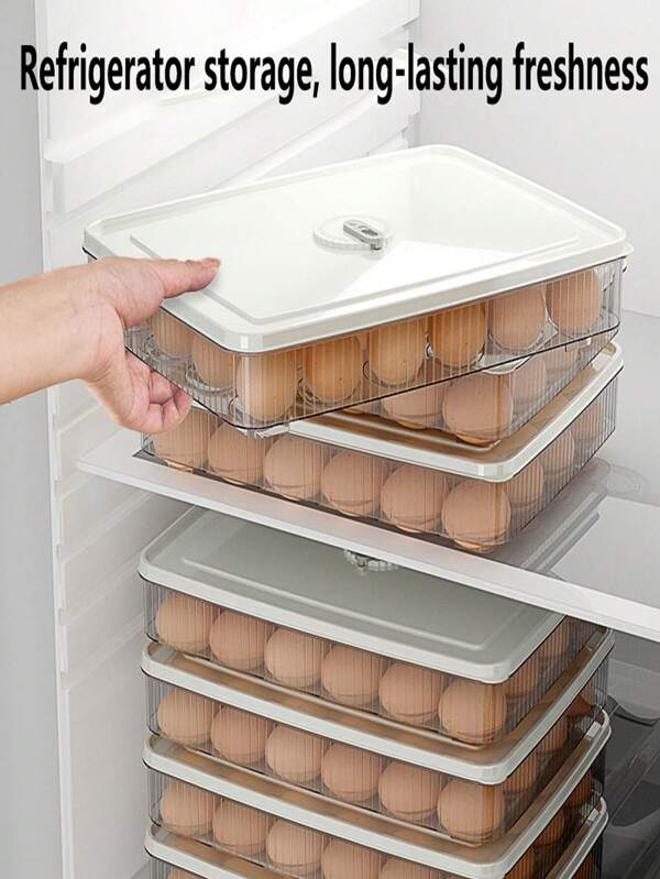 1 pieza Caja de almacenamiento de huevos, contenedor portahuevos de refrigerador, bandeja antichoque para huevos (bandeja inferior transparente/con textura, color aleatorio)