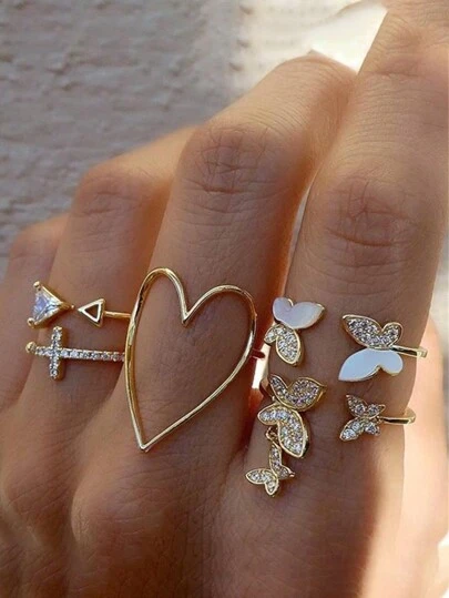 Set de 5 anillos con decoración de mariposa y corazón de aleación de zinc y rhinestones de moda al azar, para mujer, como regalo de San Valentín, Día de la Madre