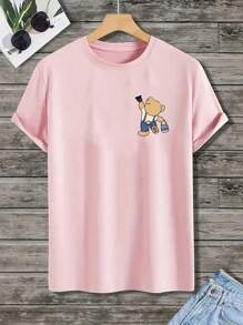 MURAMASA Men Cartoon Letter Print Drop Shoulder T-Shirt - 粉色 - 查看 2