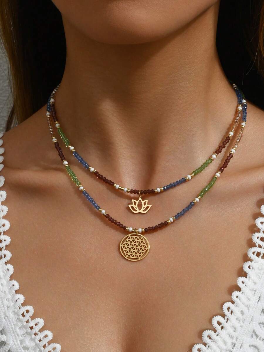 2入組波西米亞風格蓮花和幾何圖案吊墜手工串珠雙層項鍊，適用於女士假日派對珠寶 - 彩色 - 查看 1