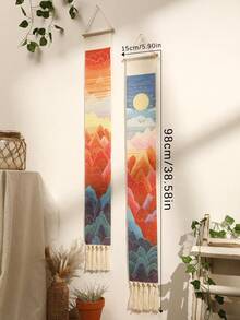 1pc Bohemian Style Wall Hanging Tapestry, Long Linen Boho Decor With Tassels, Vertical Wall Art Suitable For Living Room, Bedroom, Bathroom - Multicolor - View 3