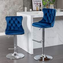 2/4/6 Piece Set Adjustable Swivel Bar Stools, Dining Bar Chairs With Velvet Tufted Back, Metal Base, Footrest For Home Bar, Dining Room, Kitchen Island. - 藍銀 - 查看 2