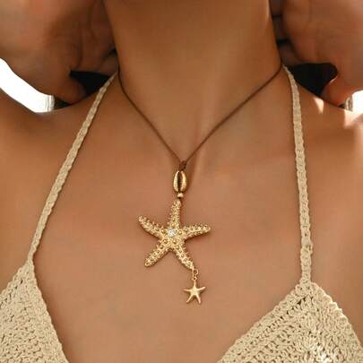 1 Máy Tính Màu Vàng Thời Trang Đi Biển Sao Biển Liên Kết Mặt Dây Chuyền Sáp Hàn Quốc Dây Vòng Cổ