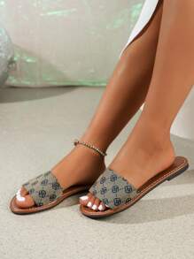Women's Flower Pattern Slide Sandals, Casual Open Toe Summer Shoes, Lightweight Blue Slide Sandals