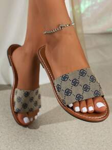 Women's Flower Pattern Slide Sandals, Casual Open Toe Summer Shoes, Lightweight Blue Slide Sandals