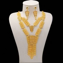 Bộ 3 món mùa hè màu vàng mạ vàng 24K nhắm mục tiêu - Bộ bông tai & vòng cổ dành cho cô dâu dành cho trang sức cưới của phụ nữ Dubai và Châu Phi - Vàng - Xem 12