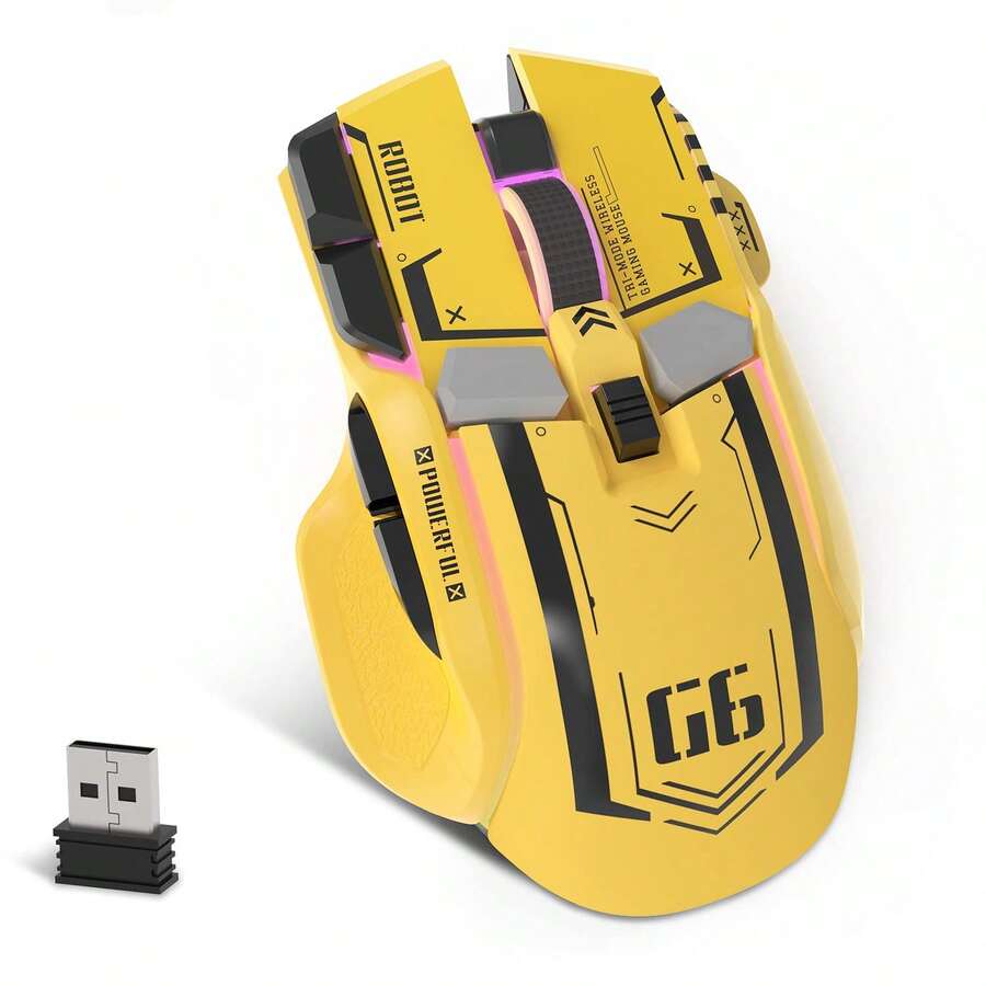 G6 Gaming Mouse, Wired/Wireless/BT Tri Modes, 5 Adjustable DPI And 11 RGB Backlit, Rechargeable Silent Computer Gaming Mice For Windows/Android - Yellow - View 1