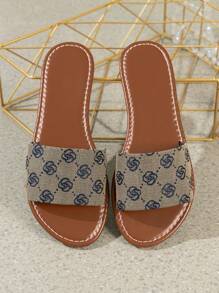 Women's Flower Pattern Slide Sandals, Casual Open Toe Summer Shoes, Lightweight Blue Slide Sandals