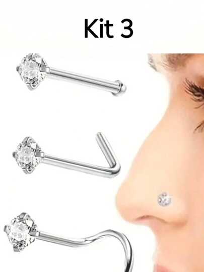Conjunto de 3 Peças ,Piercing de Nariz em Aço cirúrgico com Zircônia 2mm Incrustada unissex