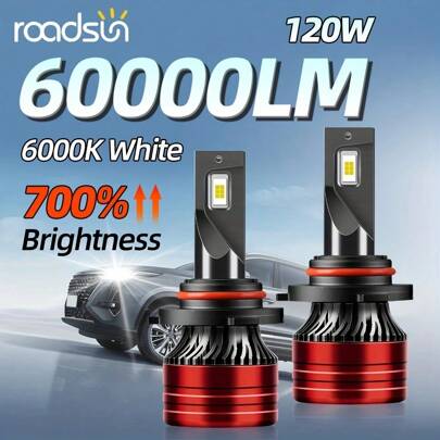 2 件 Roadsun H1 H7 H11 9005/HB3 9006/HB4 9012 9004 9007 H4 H13 880 升级汽车前照灯灯泡，60000LM 120W 6000K 冷白，高功率 CSP 亮芯片，1:1 精确光束模式，亮度提高 700%，易于安装