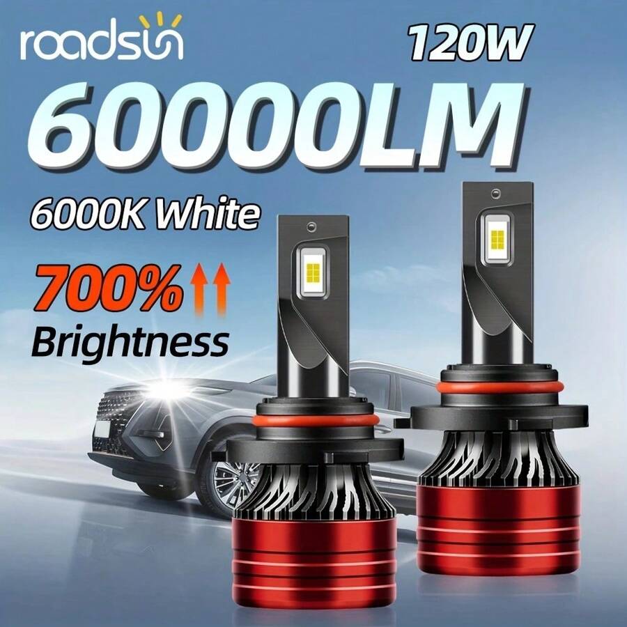 2pcs Roadsun H1 H7 H11 9005/HB3 9006/HB4 9012 9004 9007 H4 H13 880 Upgraded Car Headlight Bulbs, 60000LM 120W 6000K Cool White, High-Power CSP Bright Chip, 1:1 Precise Beam Pattern, 700% Brighter, Easy Installation