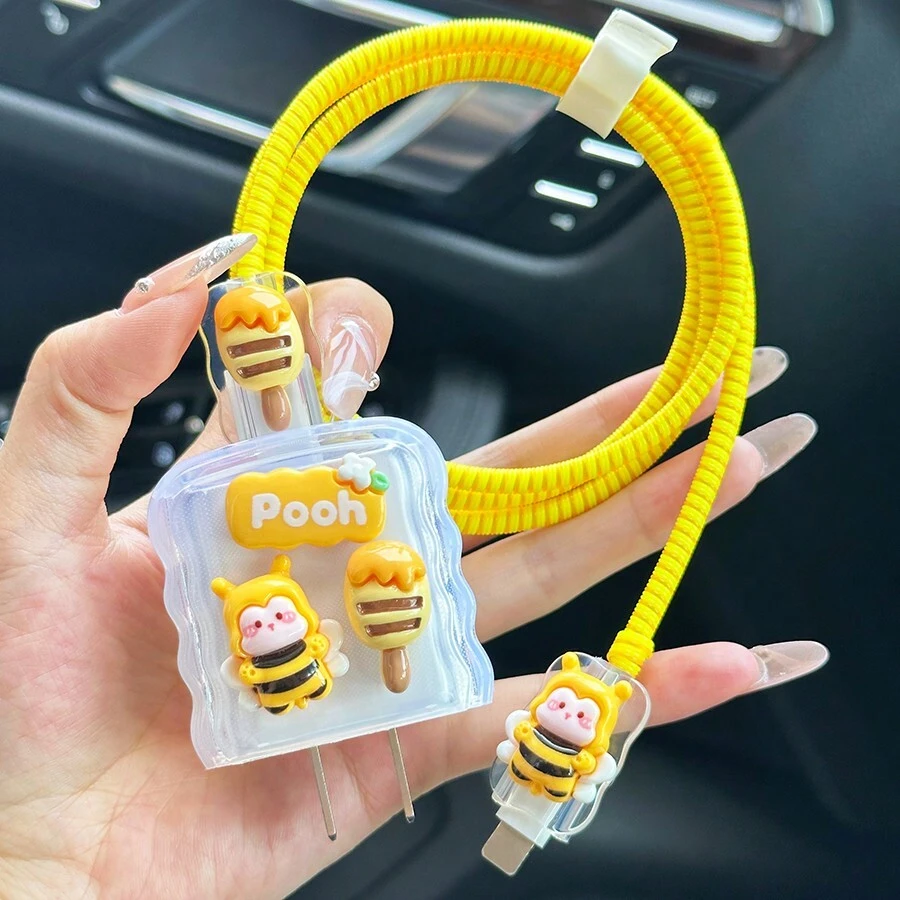 5pcs/Set 3D Wave Shaped Cute Cartoon Bee Design Protective Cases Compatible With Apple IPad, 20W Charger, And 18W Phone Data Cable Cable Protector, Charger Protector - Yellow - View 1