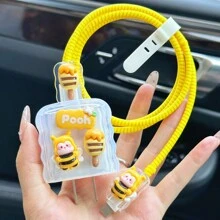 5pcs/Set 3D Wave Shaped Cute Cartoon Bee Design Protective Cases Compatible With Apple IPad, 20W Charger, And 18W Phone Data Cable Cable Protector, Charger Protector - Yellow - View 2