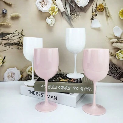 480ml Pink & White Plastic Stem Glasses, PP Material Shatterproof, Pressure Resistant Wine Glasses For Wedding/Party/Picnic, Valentine's Day Gift