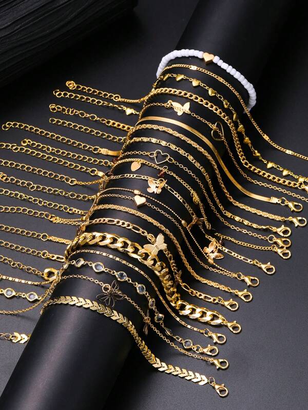 1 pièce Chaîne de cheville mode en métal avec pendentif délicat et rétro en forme de cœur papillon avec perles, strass et franges. Ensemble de plusieurs pièces pour plage, vacances, festival, rendez-vous, cadeau, port quotidien. Saint-Valentin, Mère, Fête des Mères, Cadeau