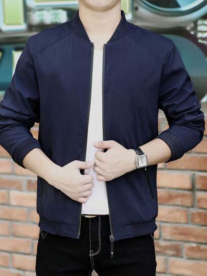 新款男友风男士户外休闲夹克，加大码宽松纯色翻领运动夹克