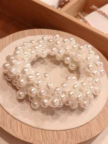 Set de 3 Lazos para el cabello de mujer blancos y dorados de 9cm/3,54 pulg. con perlas falsas, accesorios para el cabello de estilo simple de alta gama, versátiles y fashion, apropiados para uso diario, fiestas casuales, transporte y días festivos, perfectos para coletas, moños, lavarse la cara, maquillarse y combinar con ropa. Coleteros escolares, elásticos para el cabello, bandas de goma para el cabello, scrunchies, cuerda para el cabello, lazos elásticos para el cabello