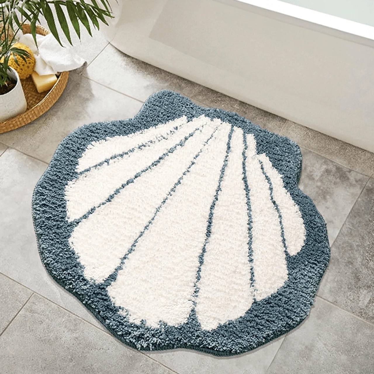 1pc Cute Blue Shell Shaped Bath Mat, Super Soft & Absorbent Microfiber Plush Non-Slip Bathroom Rug, Bath Mat/Doormat, 19.3x22 Inches - Blue - View 1