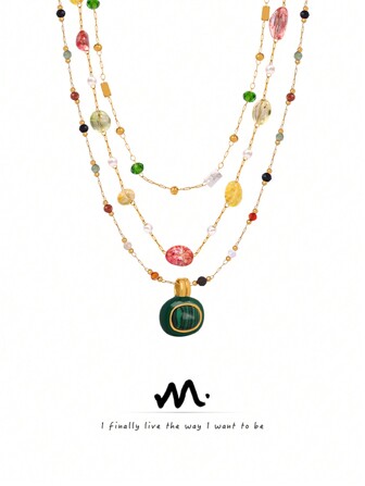 MiDuoDuo 1 pieza Collar de cuentas de piedra natural personalizado y de moda, hecho a mano con capas, para mujeres, joyería minimalista de acero inoxidable, collar de perlas de agua dulce con cuentas de piedra natural colorida, collar de cuentas de acero inoxidable de estilo fresco y natural de color dopamina para señoras