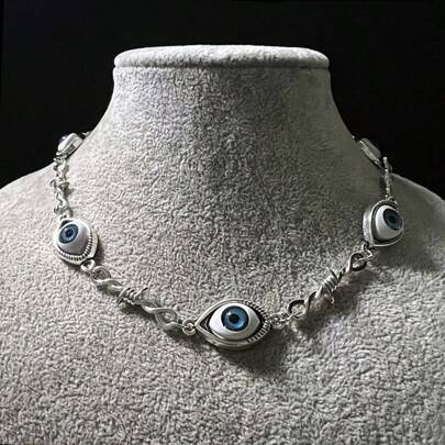 Halloween Blue Eye Necklace Alien Eye Small Iron Wire Thorn Iron Neutral Necklace Hip Hop Punk Gift