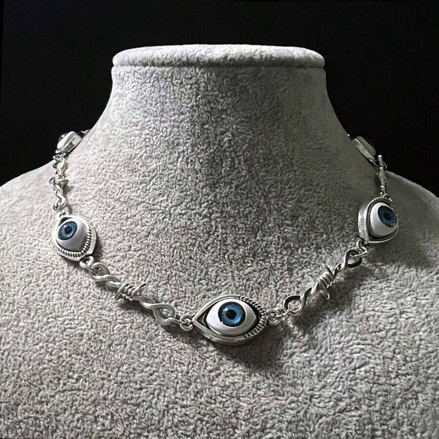 Halloween Blue Eye Necklace Alien Eye Small Iron Wire Thorn Iron Neutral Necklace Hip Hop Punk Gift - Necklace - View 1