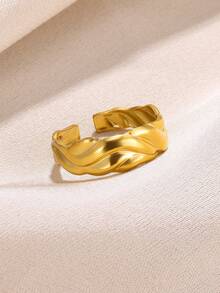 Anillos de acero inoxidable simples geométricos de moda vintage finos y ajustables abiertos para mujeres, joyería de bodas, regalos nuevos y modernos - Amarillo Oro - Ver 6